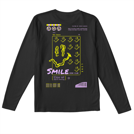 SMILE HIGH CLUB Black Long Sleeve T-Shirt - Hun Sauce  - smiley disco rave poster, for house music, techno and disco. One for the dancefloor and Rave Wardrobe