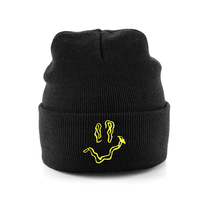 SMILEY Yellow Embroidery Beanie Hat - Hun Sauce - Black - Glow In The Dark - Smile Rave Hat