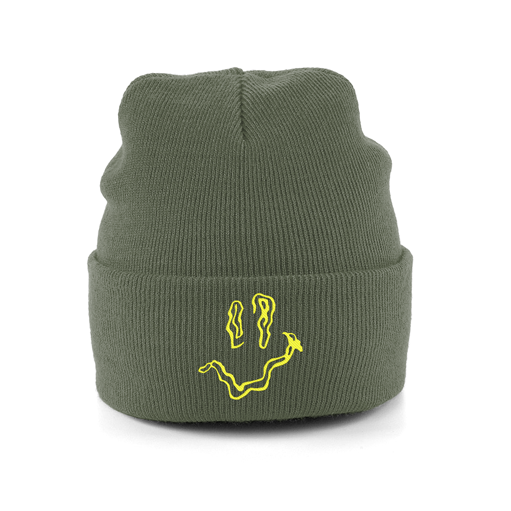 SMILEY Yellow Embroidery Beanie Hat - Hun Sauce _ Olive - Glow In The Dark - Smile Rave Hat