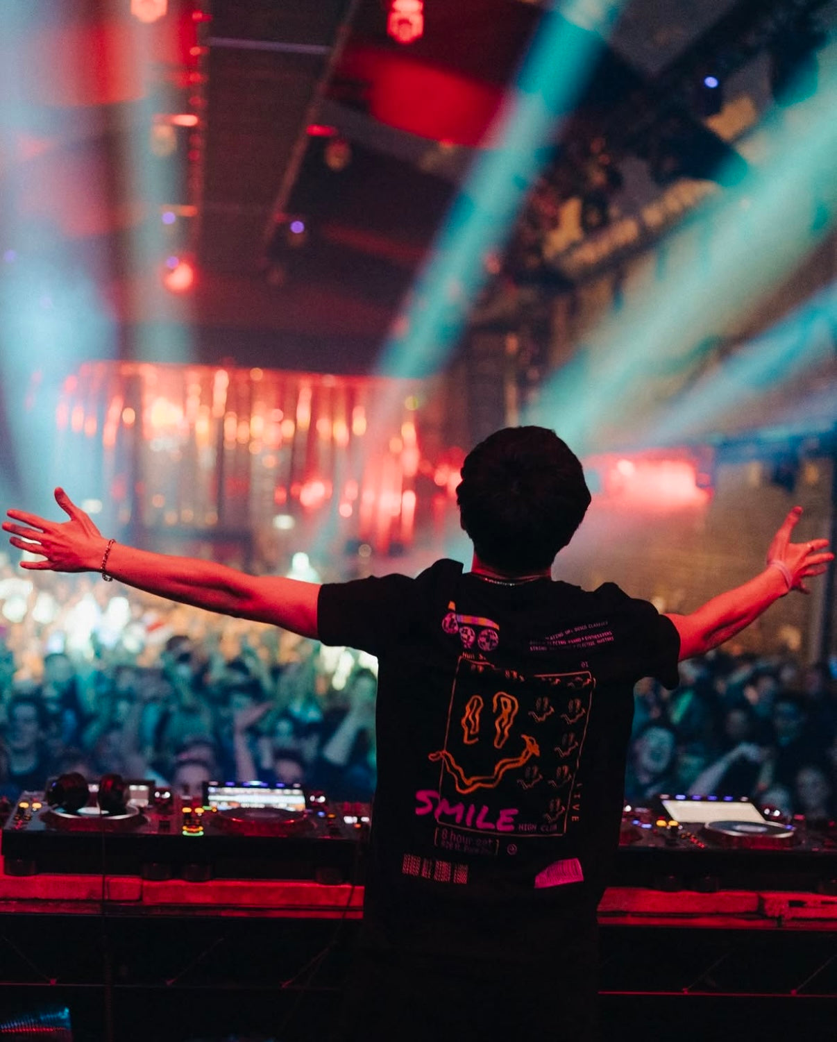 DJ SHEE at Warehouse Project, Manchester wearing SMILE HIGH CLUB Black T-Shirt - Hun Sauce