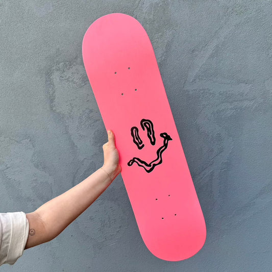 SMILEY SKATEBOARD | Hand Painted Skate Deck | Home Skate Art, Wall Art. Featuring the Hun Sauce Signature Smiley Face in Neon Pink and Black