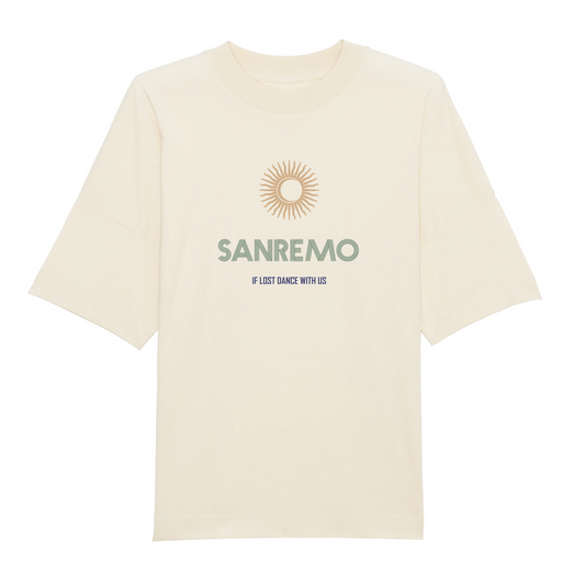 SANREMO Heavy Weight T-Shirt - Hun Sauce, Cream t-shirt. If lost dance with us t-shirt. San Remo Glastonbury. Sun and moon design. San Remo, Italy. 